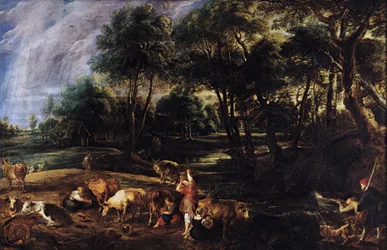 Paisaje con vacas y cazadores de aves